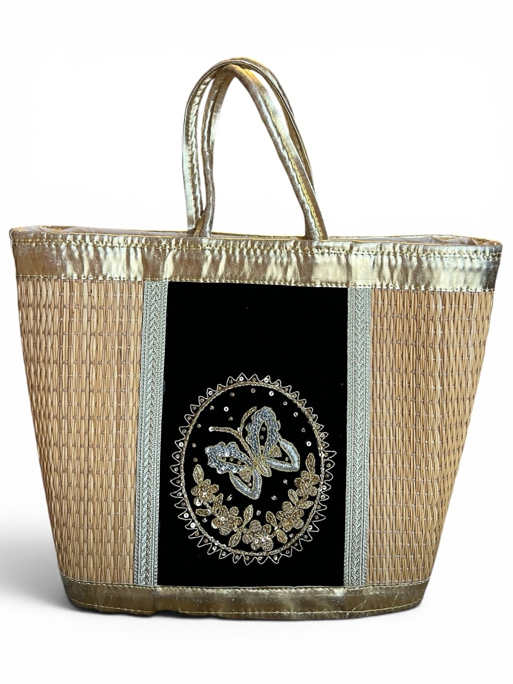 Krema Hand-Embellished Artisan Butterfly Woven Straw Tote Bag